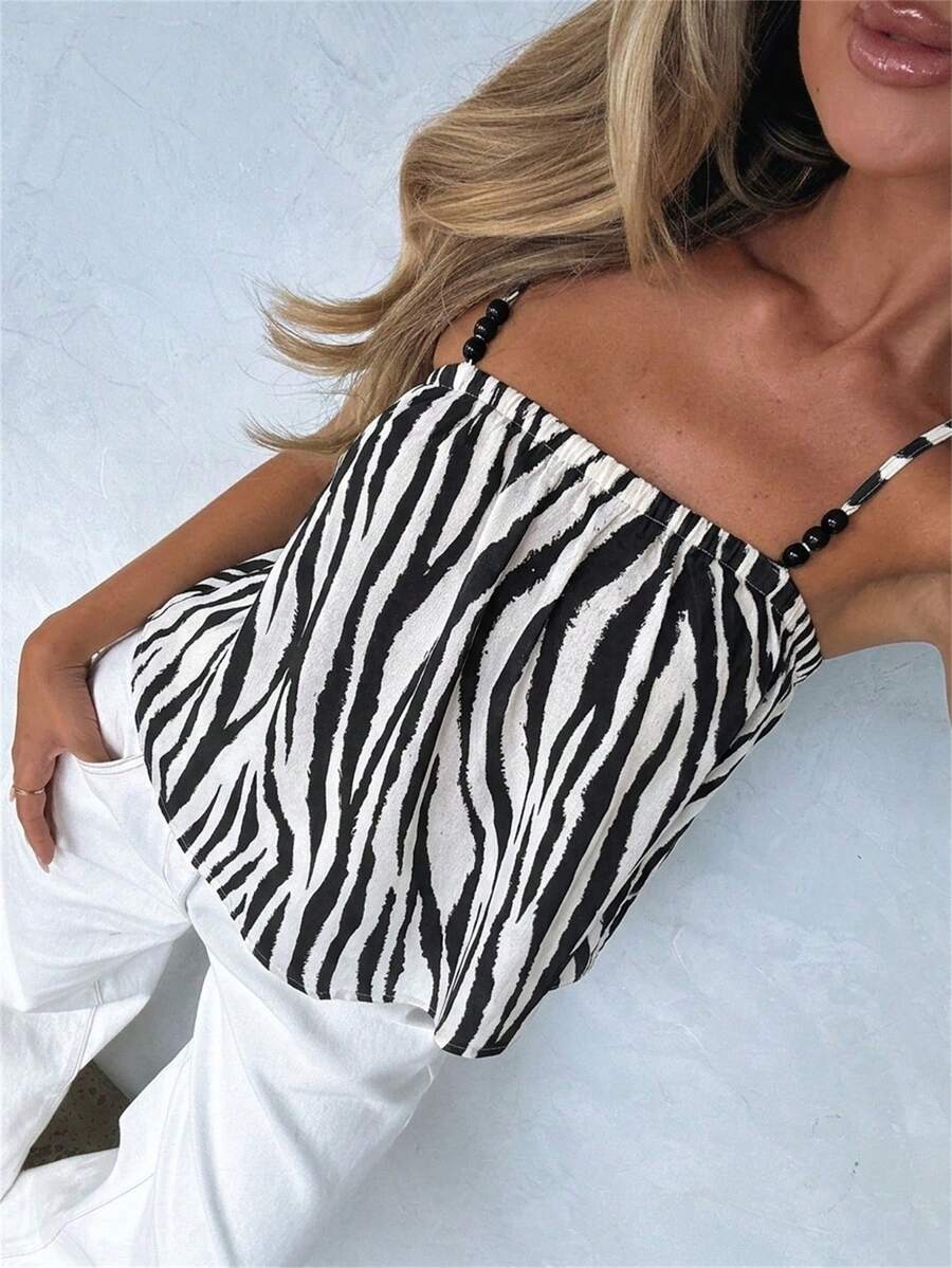 Aloruh Women's Bohemia Zebra Print Ruched Camisole Top,White Animal Print Beaded Strap Niche Design,Seksi Chic Summer Vacation Holiday Beach Outfits Top