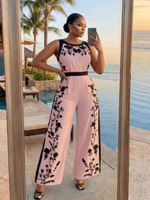 SHEIN Lady CURVE Plus Size Women Floral Print Backless Sleeveless Wide Leg Jumpsuit - Pink - View 1