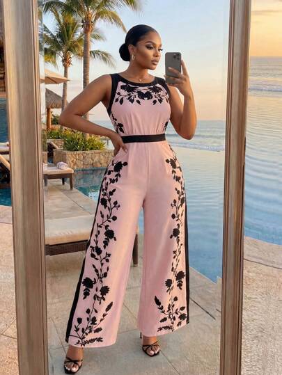 SHEIN Lady CURVE 大码女式花卉印花露背无袖阔腿连体裤