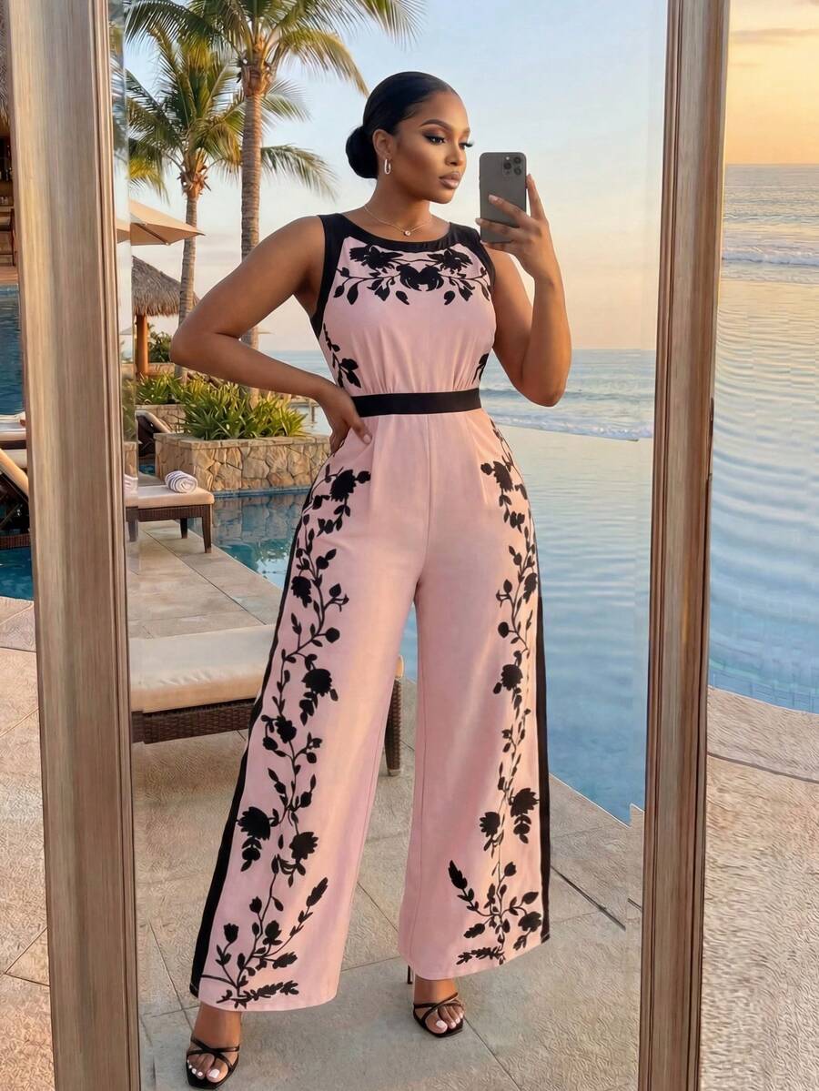 SHEIN Lady CURVE Plus Size Women Floral Print Backless Sleeveless Wide Leg Jumpsuit - Pink - View 1
