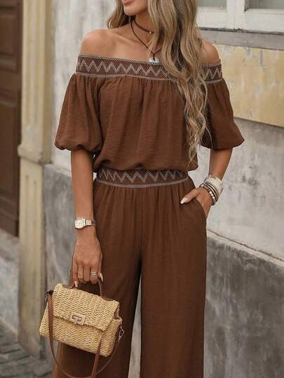 Brillora Women's Vacation Casual Off-Shoulder Top And Pants 2 Pieces Set,Vacation,Vacation Style,BOHO,BOHO Style,Brown Off Shoulder Puff Sleeve Top & High Waist Wide Leg Pants Set, Boho Embroidered Trim Two Piece Outfit,Boho Embroidered Trim Off Shoulder Two Piece Set, Chic Brown Off Shoulder Crop Top & Wide Leg Pants Set, Contrast Embroidered Trim Summer Outfit,Off Shoulder, Puff Sleeve, Wide Leg Pants, Two Piece Set, Embroidered Trim,Summer Vacation, Women Vacation Outfit Sets, Women 2 Piece Outfit Casual, Two Piece Casual Sets, Bohemian Outfit For Women