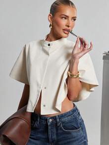 SHEIN Haute Áo choàng ngắn có khóa cài - Màu be - Xem 3