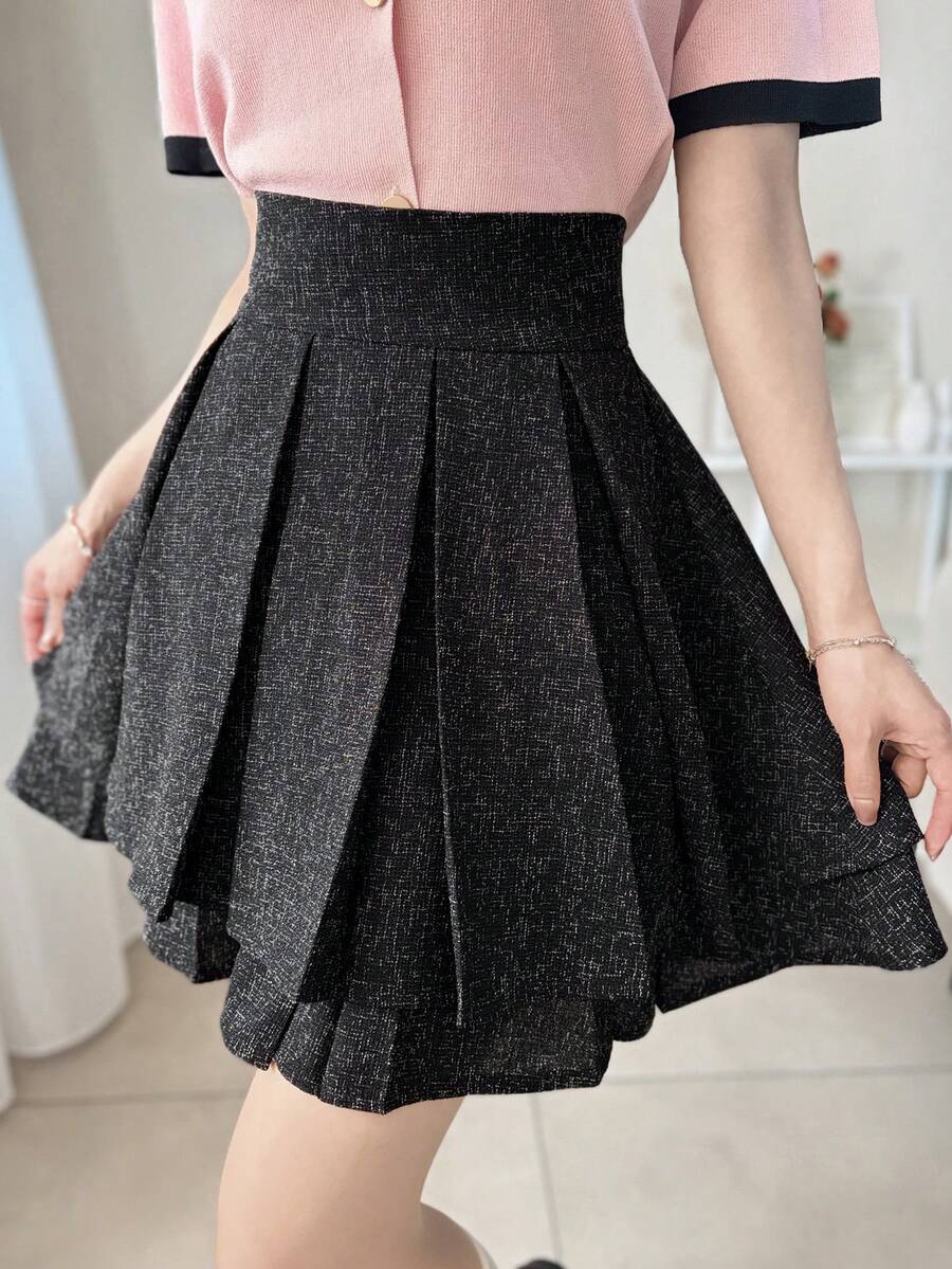FRIFUL 女款黑色純色高腰百褶短裙,休閒百搭修身款,適合秋冬夏季校園穿搭 - 黑色 - 查看 1