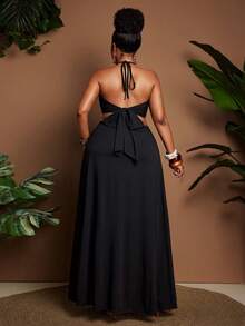 Maweii Plus Size Women's Summer Halter Tie Waist Metal Buckle Decor Strapless 2 In 1 Flowy Dress - Black - View 2
