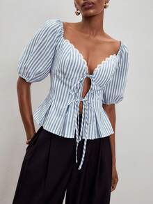 ATUI Studio Women's Blue White Striped Lace Blouse – Short Sleeve Top With Lace Patchwork For Summer Beach & Vacation,Summer Top - Blue - View 4