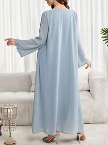 Al Najma Plus Size Women's Solid Color Embroidered Square Neck Elegant Long Sleeve Arabic Style Dress - Blue - View 2