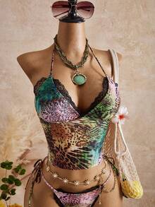 Swim Vcay 女士全印花蕾丝拼接露背吊带背心上衣和打结三角泳裤性感背心套装 - 彩色 - 查看 9