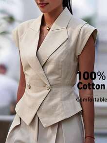 Firerie Áo blazer nữ thanh lịch, tối giản, kiểu dáng thường ngày, phù hợp đi làm, không tay, cổ ve áo, cài nút, màu mơ, tay ngắn. - Màu be - Xem 3