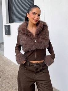 Marta Soriano Chaqueta de estilo callejero de moda con mangas largas y cremallera de piel sintética para mujeres - Marrón - Ver 6