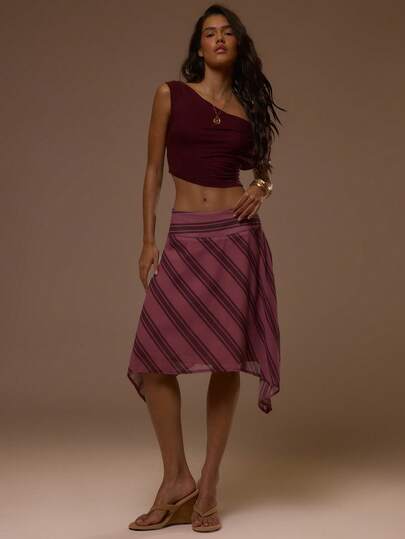 MUSERA Stripey Printed Flowy Asymmetric Hem Midi Skirt Summer Spring Sexy Cute Holiday Vacation Going Out Occasion Ibiza Elegant Sunset Ties