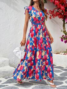 Solivie 女士印花荷叶袖抽绳腰连衣裙，度假风 - 彩色 - 查看 7