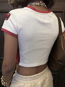 Rovax Women's Casual Fashion Street Letter Print Contrast Color Cropped Tight T-Shirt, Summer - White - View 2