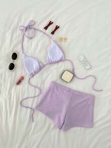 Swim Mod Women's Sweet Plaid Textured Triangle Cup Bikini Set - Mauve Purple - View 2