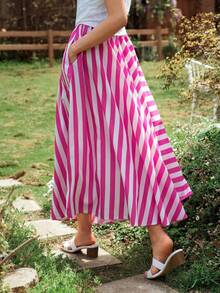 SHEIN Essnce Women's Summer Casual Elegant Pink And White Striped Maxi Skirt High Waist A-Line Holiday Beach Vacation Long Skirt With Pockets Women's Skirt Pink White Picnic Skirt - Pink - View 4