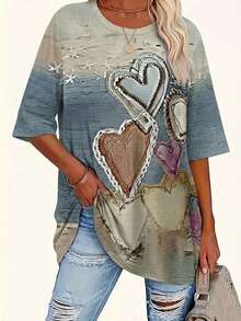 EMERY ROSE Plus Size Women's Retro Heart-Patterned T-Shirt,Blue Check,Summer,Casual,Vacation,Bohemian Style Top,Loose Fit,Holiday Parties,Office Wear Outfits - Multicolor - View 3