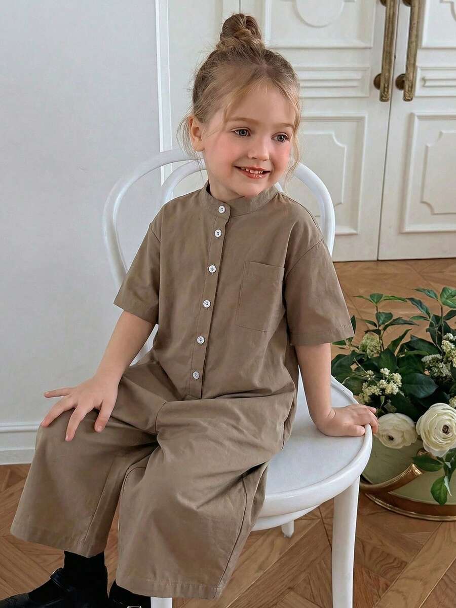 Dazy Kids Young Girl' Solid Color Casual Short Sleeve Jumpsuit - Coffee Brown - View 1