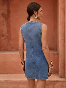 Selianne Đầm denim không tay cài cúc phía trước dành cho nữ - Màu xanh lam - Xem 2