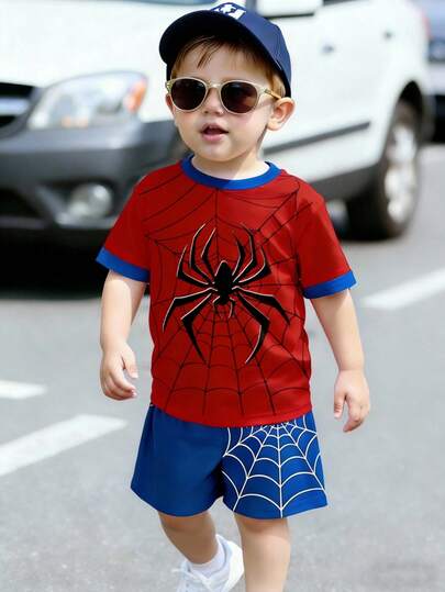 男童休闲舒适时尚酷炫蜘蛛卡通图案短袖T恤短裤套装，时尚百搭，春夏新款，男童服装，适合拍照、日常穿着、外出、度假、送礼