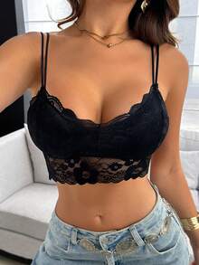 女士浪漫法式黑色蕾丝扇形边文胸，中等弹力面料 - 黑色 - 查看 5