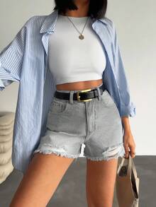 EURMUSE WOMEN HIGH WAIST MINI SHORT WITH DESTROY SNOW WASH - Grey - View 5