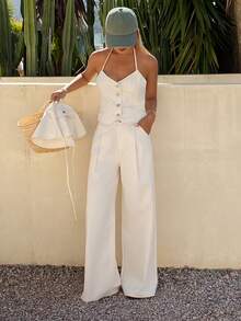 DAZY 女士纯棉V领吊带背心和休闲牛仔裤套装，适合度假、派对和夏季穿着 - 杏色 - 查看 4