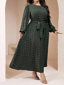 Veilorie Plus Size Elegant Solid Color Textured Commuter Dress - Army Green - View 8