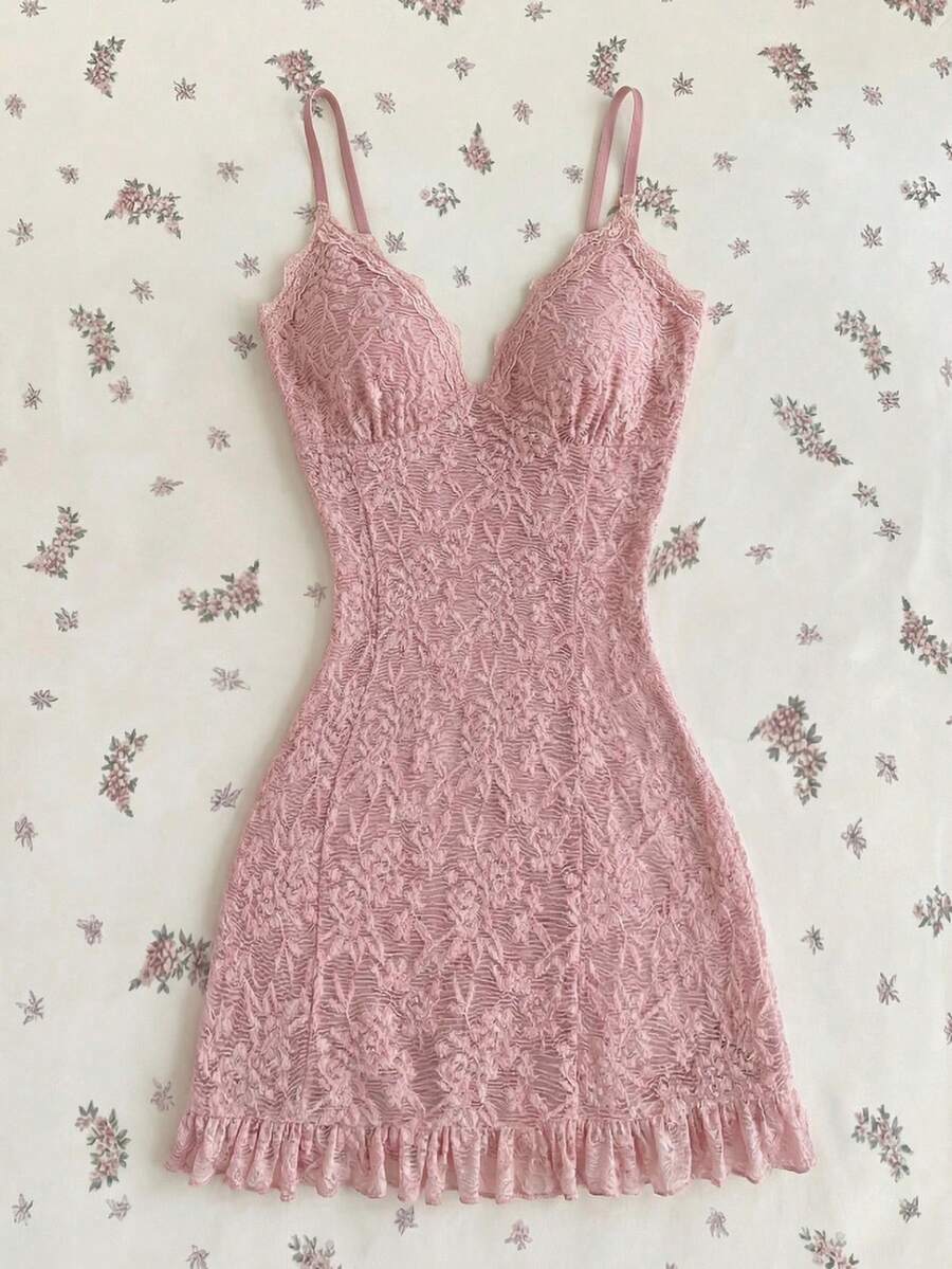 Elamini 女士蕾丝拼接荷叶边V领修身连衣裙 粉色 女士夏季服装 舞会礼服 女士连衣裙 可爱性感连衣裙 漂亮连衣裙 惊艳连衣裙 - 粉色 - 查看 1