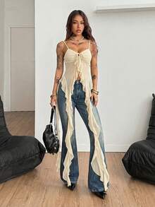 Coolane Women's Apricot Summmer Seductive Party Night Mesh Fairycore Tank Tops,Y2K Music Festival Streetwear Ruffle Fringe Sleeveless Stretchy Long Top - Apricot - View 6