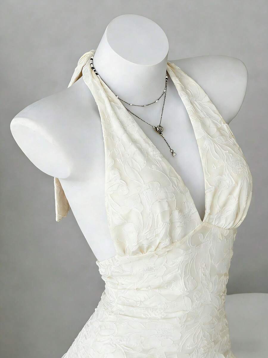 Elamini 2026新款女士夏季优雅连衣裙，甜美露背系带提花设计深V领无袖休闲连衣裙，适合海滩、度假、日常约会、情人节、音乐节、演唱会、派对、演出等场合，杏色。女士夏季连衣裙，夏季女装，度假装，女士度假连衣裙，沙滩派对连衣裙，女士假日服装。 - 杏色 - 查看 1