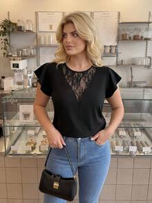 Dripcurv Plus Size Women V-Neck Semi-Sheer Lace Patchwork Ruffle Sleeve Casual T-Shirt, Fashionable Daily Versatile Spring/Summer New Arrivals Concert Women Rave Festival Rave Elegant Women Short Sleeve Top Rave - Black - View 1