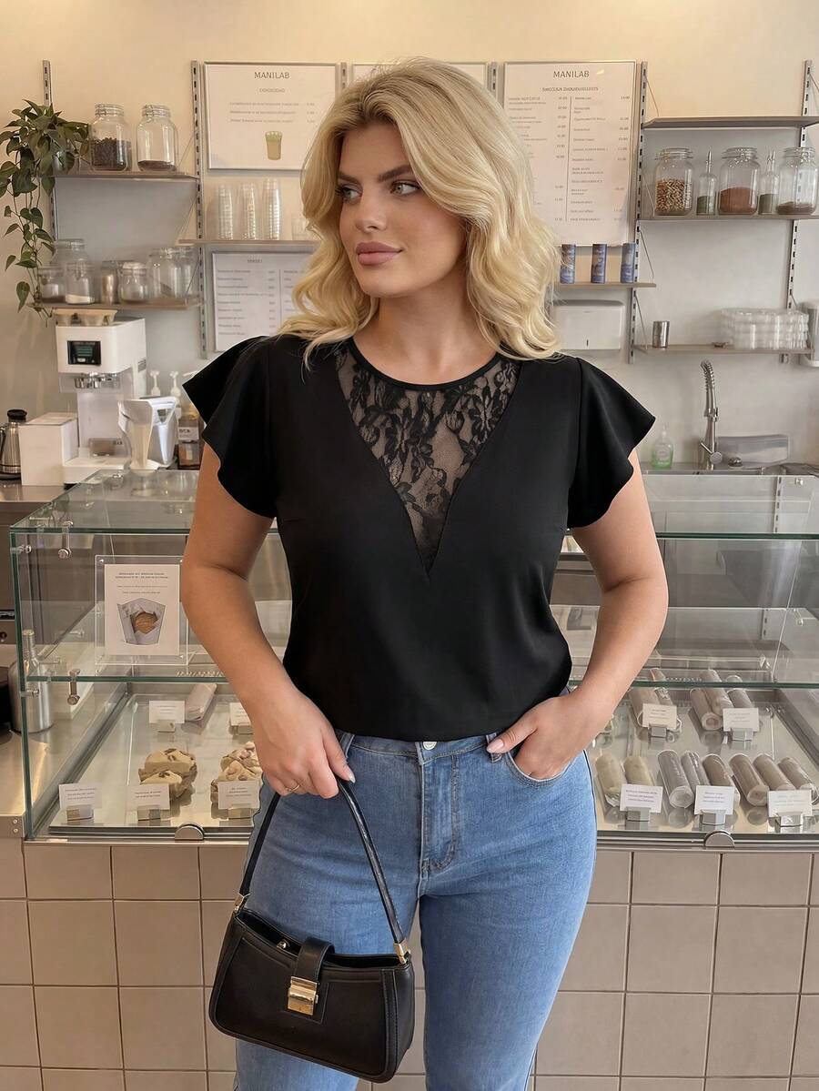 Dripcurv Plus Size Women V-Neck Semi-Sheer Lace Patchwork Ruffle Sleeve Casual T-Shirt, Fashionable Daily Versatile Spring/Summer New Arrivals Concert Women Rave Festival Rave Elegant Women Short Sleeve Top Rave - Black - View 1