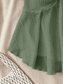 SHEIN Áo thun dệt kim jacquard tay bèo, kiểu dáng ngọt ngào, thoải mái, phù hợp cho nữ tuổi teen mùa hè, mặc nhà, dễ thương, thích hợp cho các bữa tiệc, ngày Valentine. - màu xanh lá - Xem 6