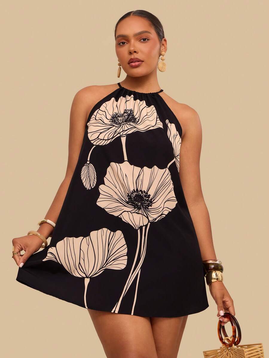 Travachic Plus Size Women Floral Print Casual Halter Neck Dress - Black - View 1