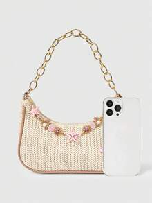 ROMWE Fairycore 1pc Summer Beach Starfish Series Shell & Seashell Woven Shoulder Hand Carry Bag, Beach Bag, Straw Handbag For Women (Charm Color & Style Randomly) , Summer - Multicolor I - View 3