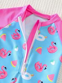 Cozy Pixies Baby Girl Cute Print Contrast Color Raglan Sleeve Zipper Front One-Piece Swimsuit, Suitable For Holiday, Beach, Swimming Pool - Multicolor - View 6