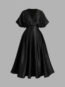 SHEIN MOD 大码女士纯色褶皱优雅缎面连衣裙 - 黑色 - 查看 7