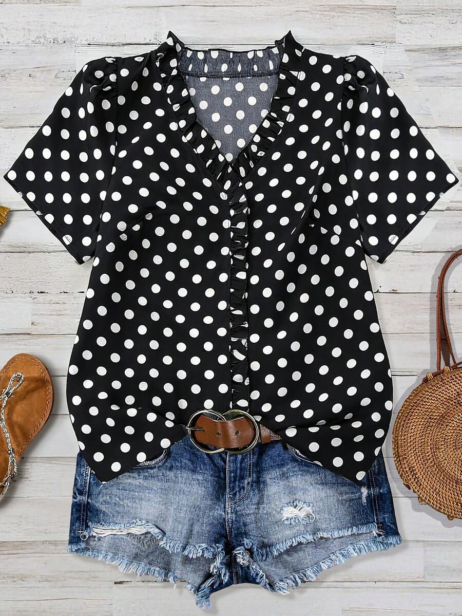 Linhara 大码女式纯色纹理V领短袖休闲常规衬衫，适合外出、度假、夜店等场合。 - 黑色 - 查看 1