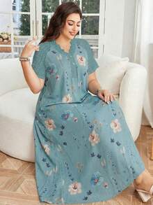 Lacomfia Vestido elegante de talla grande con estampado floral y encaje en contraste, para verano - Verde - Ver 6