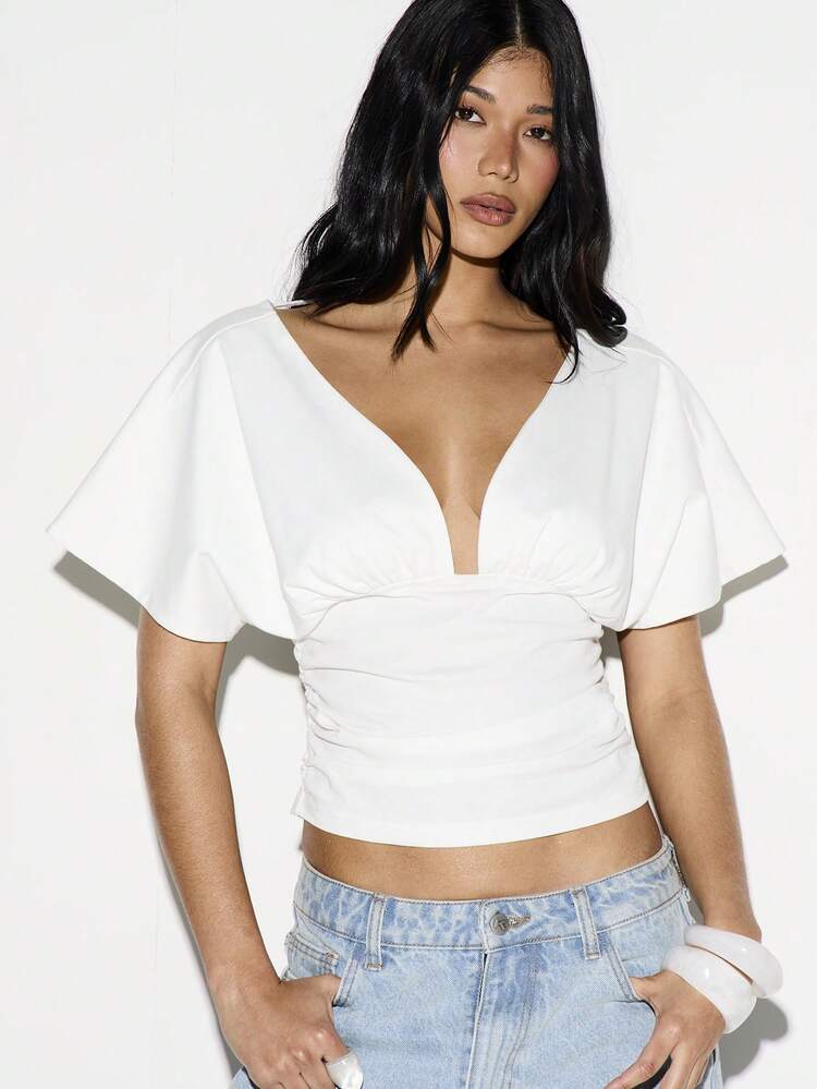 KIZN Deep V Neck Ruched White T-Shirt