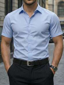 Manfinity Bizformal Men's Business Casual Embossed Fabric Short Sleeve Shirt, Formal - Baby Blue - View 4