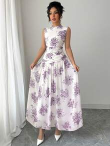 Modelyn Women's Floral Print Pleated Elegant Waist Gathering Dress, Suitable For Party And Occasions - Purple - View 3