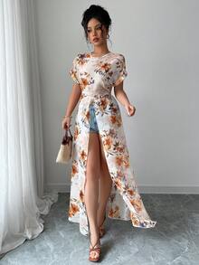 Selianne Áo sơ mi dài tay xẻ cao in hoa, phong cách thường ngày mùa hè. - Nhiều màu - Xem 3