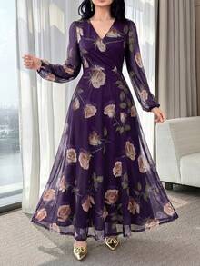 Feyla New Rose Flower Elegant Charming Elegant High-End Cinched Waist Dress For Women - Purple - View 3