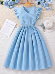 SHEIN Teen Girl Elegant Refreshing Waist Tie Ruffle Sleeve Maxi Dress - Blue - View 7