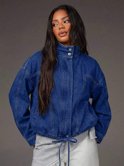 Athîral Áo khoác denim dài tay cổ tàu dành cho nữ, kiểu dáng thường ngày, thích hợp cho kỳ nghỉ.