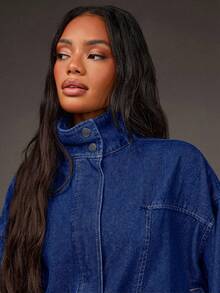 Athîral 女士休闲度假长袖立领牛仔外套 - 寶藍色 - 查看 6