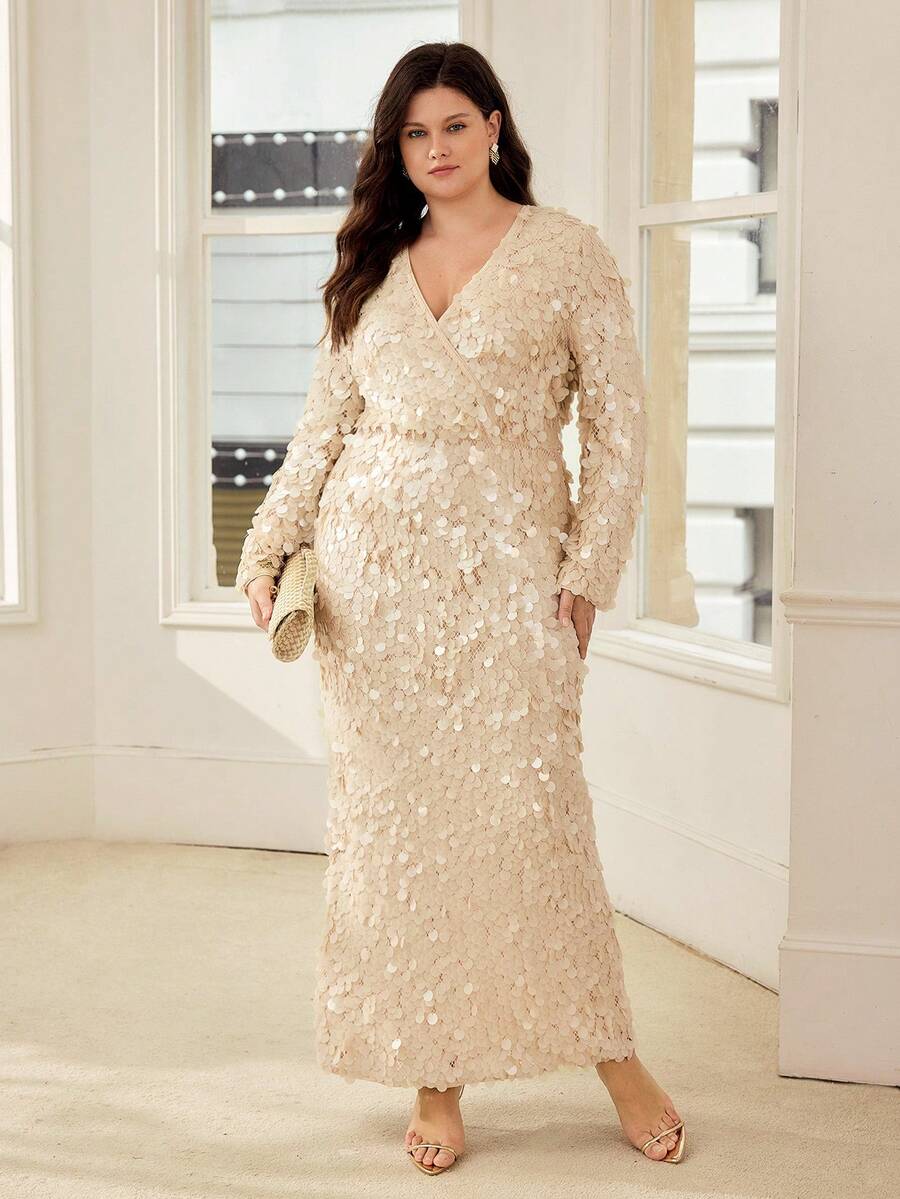 MOTF PREMIUM PLUS V-NECK LONG FITTED SEQUIN DRESS, SPRING/SUMMER - Apricot - View 2