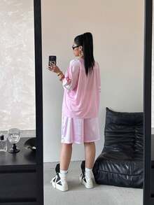 POPSWAY 2 Pezzi Set: Maglietta grafica + Pantaloncini a vita alta a gamba larga con stampa, Outfit sportivo casual alla moda per primavera/estate - Rosa - Visualizzare 2