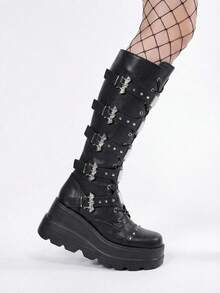 ROMWE Goth Botas altas de tacón grueso con puntera redonda de color rosa para mujer, botas de moda con cordones y elástico para otoño/invierno, zapatos Y2K para atuendos de fiesta - Negro - Ver 3
