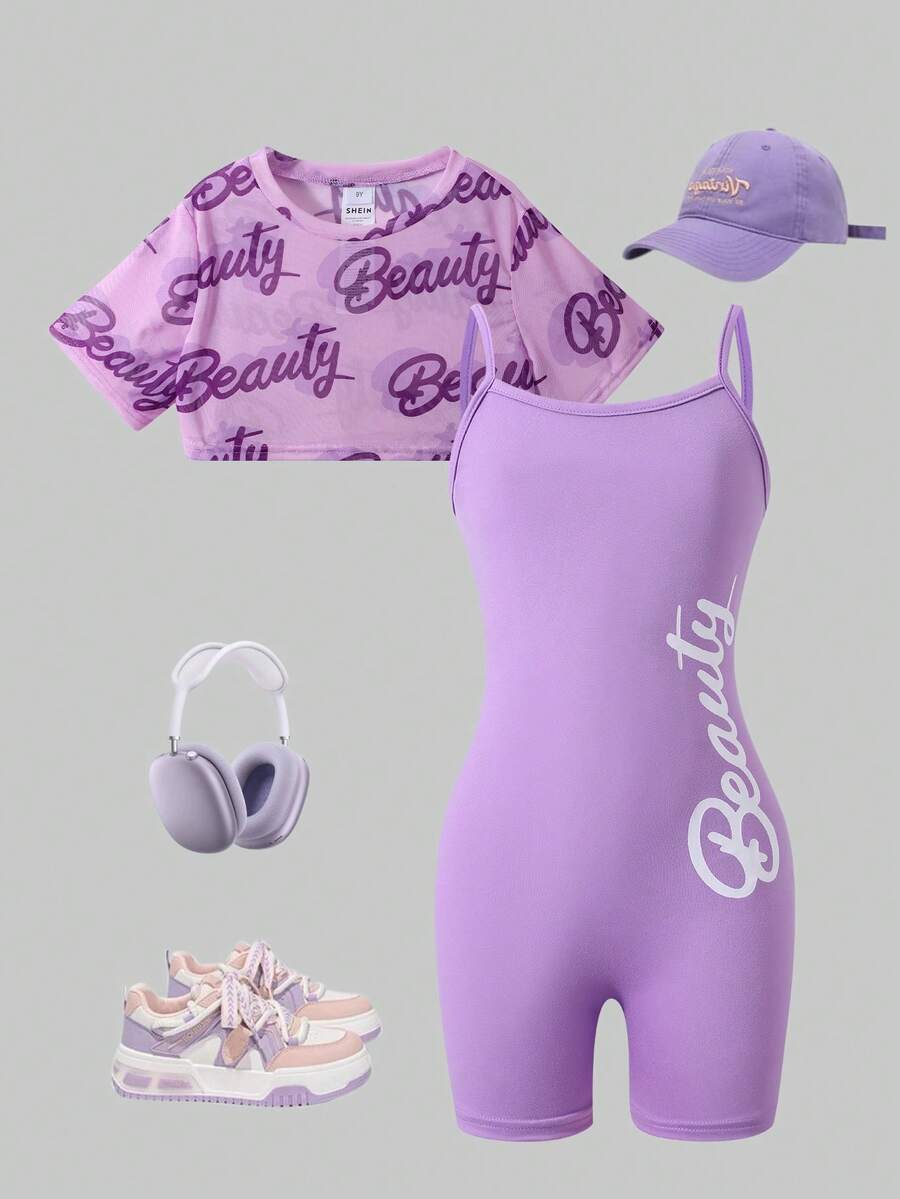 SHEIN ChillGRL 青少年女孩圖案字母印花兩件套,紫色夏季牛仔風粉色短版短袖T恤+緊身短褲,運動休閒彈性套裝 - 紫色 - 查看 1